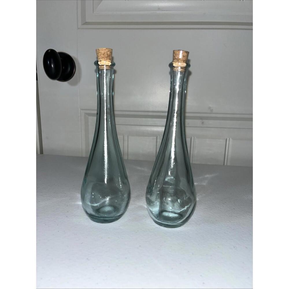 Pair Green Glass Teardrop Bottle with Cork - 4 oz 7”
